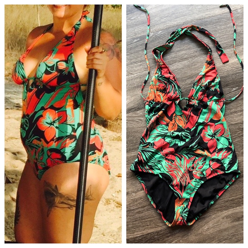 Madewell Red and Green Floral One Piece Swimsuit